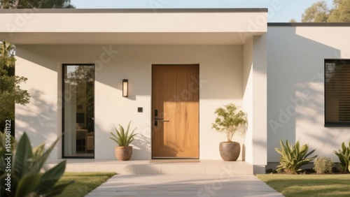 Elegant modern house entrance with potted plants, showcasing minimalist design and natural harmony.	