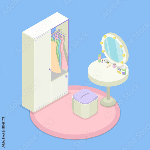 3D Isometric Flat Vector Illustration of Home Organization, Modern Interior Design of Wardrobe And Dressing Table