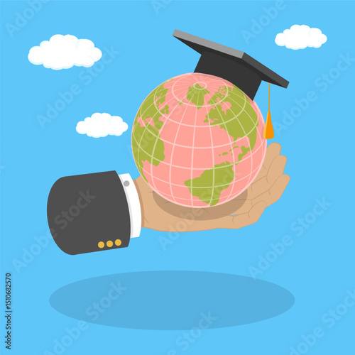 3D Isometric Flat Vector Illustration of Study Abroad , Academic Student Holding Globe Shape While Wearing a Hat