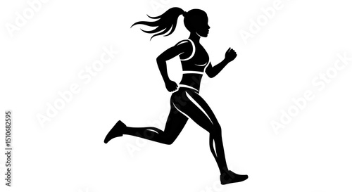 Dynamic black icon of a lady jogging mid-stride, with her ponytail swinging, symbolizing an active, healthy, and energetic lifestyle.