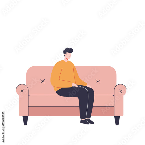 Man sitting alone on empty sofa in minimalistic interior  