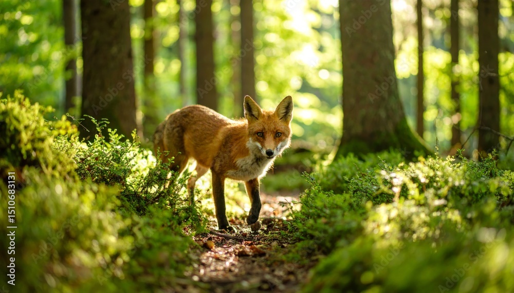 Fototapeta premium A curious fox stands in a sunlit forest, surrounded by lush green foliage and tall trees.