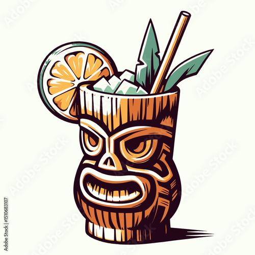 Tiki cocktail in carved wooden mug