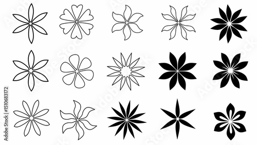 Stylized black and white flowers in geometric symmetry vector design set isolation. Ideal for prints, textiles, pattern design, and retro aesthetics.