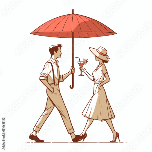 Couple walking under umbrella 