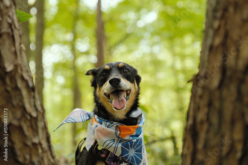 Happy pet dog smiling in bandana during hike in woods.