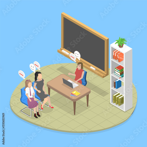 3D Isometric Flat Vector Illustration of School Principal Talking to Father and Mother, Teacher and Parent Meeting