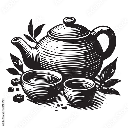 Ceramic teapot and cups vector illustration