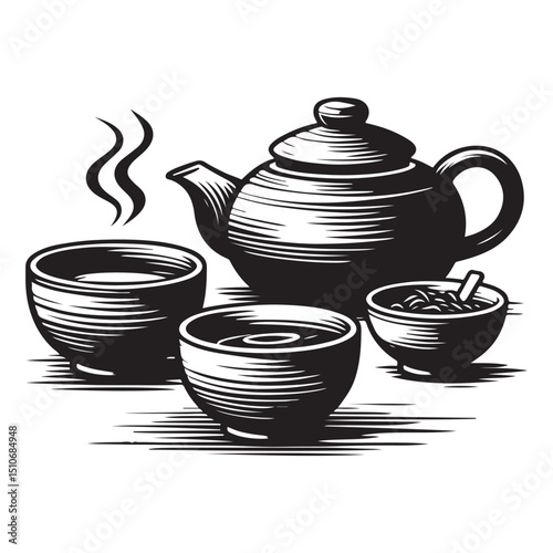 Ceramic teapot and cups vector illustration