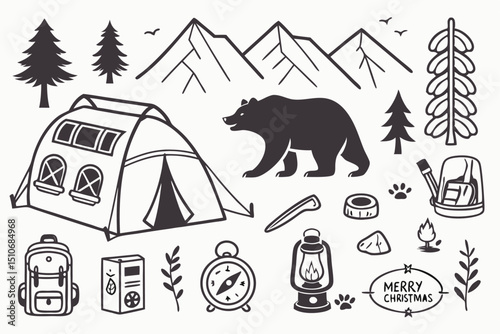 Hand drawn vector illustration of camping elements including tent bear mountains trees and festive holiday elements