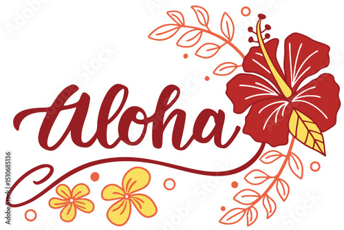 Artistic vector illustration of aloha greeting with red hibiscus flowers and decorative elements