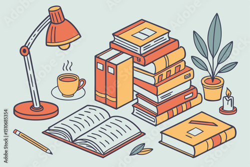 Cozy study workspace with books coffee and decorative elements in an illustration style