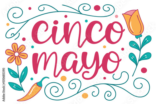 Festive cinco de mayo greeting with flowers chili and decorative elements on a white background