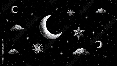 Black canvas with sketch-style hand-drawn stars, moons, and celestial symbols in white, evoking a whimsical and dreamy aesthetic