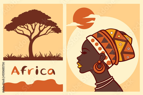 Elegant illustration depicting african woman silhouette with traditional headdress and savanna elements