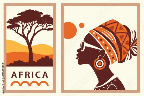 African themed wall art with a savanna tree illustration and a portrait of a woman wearing cultural headwear