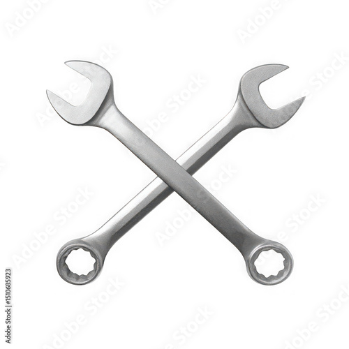 Two wrenches crossed, silver metal tools isolated on transparent background, png