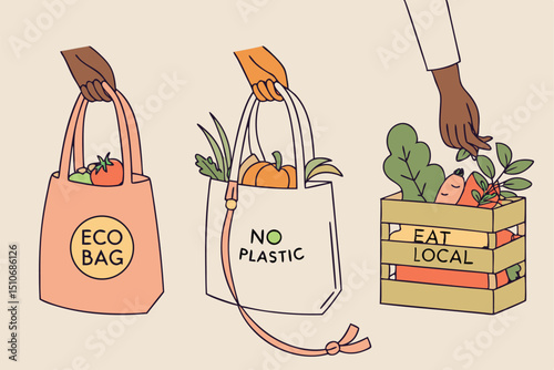 Illustration of hands holding eco bags and a crate filled with fresh vegetables promoting sustainability