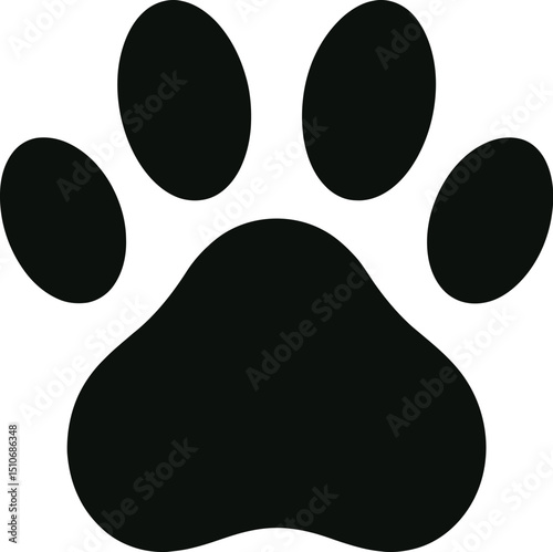 Black silhouette of animal paw print icon representing pet track footprint symbol in simple vector design
