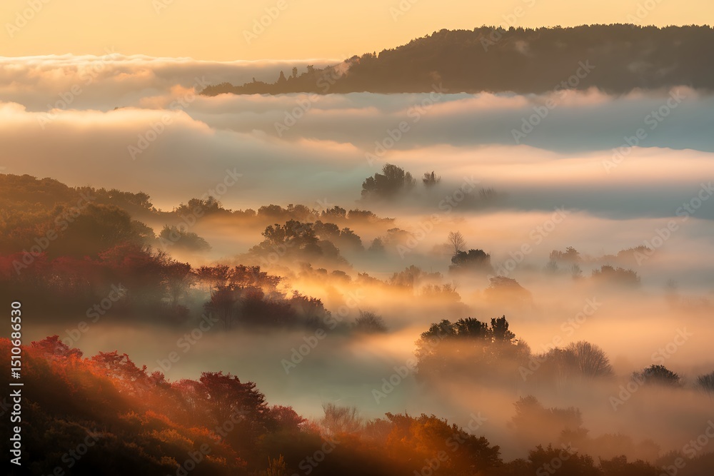 Naklejka premium Foggy autumn landscape with trees shrouded in mist at sunrise, creating a scenic and ethereal view of nature's beauty in the countryside