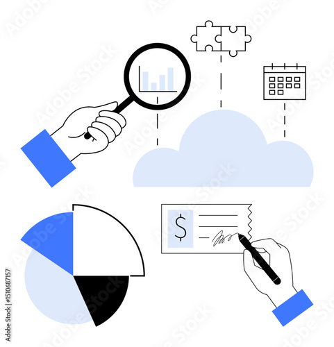 Hand analyzing graph with magnifier, pie chart, puzzle pieces, calendar, signing check over cloud. Ideal for data analysis, teamwork, planning finance strategy organization productivity. Flat