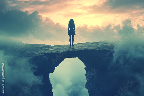 Woman standing on a crumbling bridge