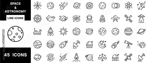 Space and Astronomy Line Icons Set Featuring Planets, Rockets, Satellites, UFOs, Stars, Astronauts, Telescopes, Orbits, Solar Systems, and Galaxies