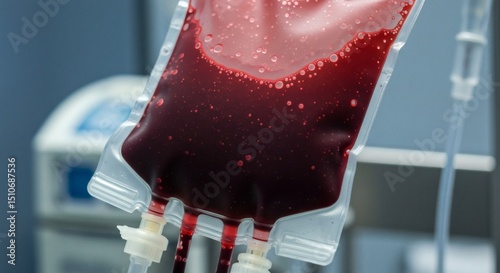 Close-up shot showing a full blood bag ready for transfusion in a medical setting.