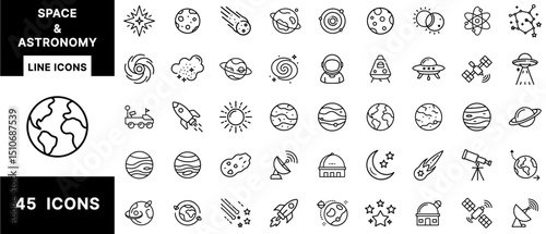 Space and Astronomy Line Icons Set Featuring Planets, Rockets, Satellites, UFOs, Stars, Astronauts, Telescopes, Orbits, Solar Systems, and Galaxies