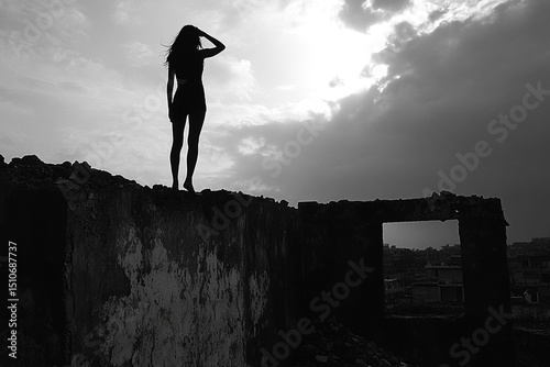 A woman stands confidently on a rooftop, surveying the vibrant cityscape around her.