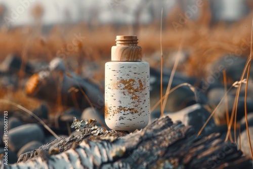 A sleek white sunscreen bottle infused with birch juice stands upright in a lush natural setting, surrounded by greenery, trees, and plants. A harmonious blend of skincare and eco-conscious wellness.