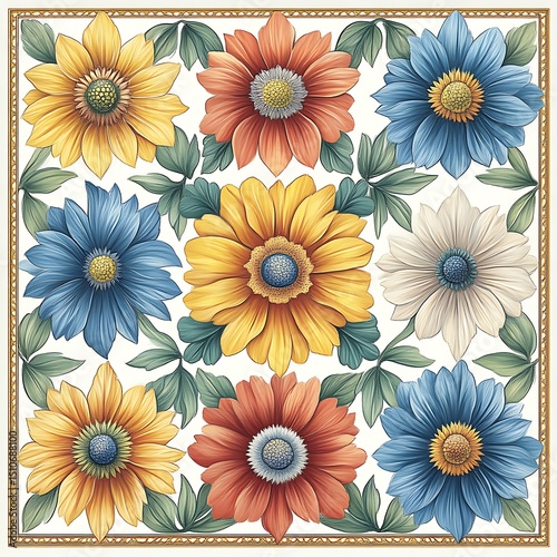Floral design with various colored flowers and leaves photo