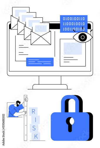 Emails and binary code on monitor, eye icon signifying surveillance, padlock for security, person assessing risks. Ideal for cybersecurity, data privacy, hacking prevention, online safety, IT
