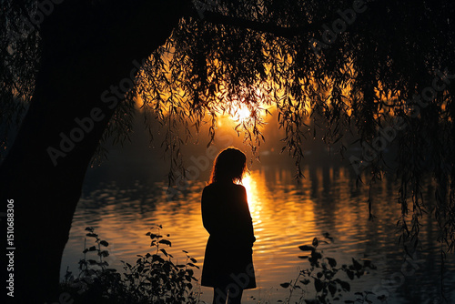 Woman standing under a willow tree