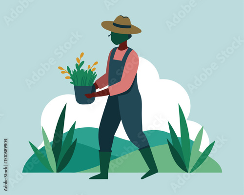 A person wearing a face mask and hat plants a small plant in a garden.