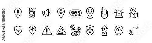 Emergency & alert line icon set - flat, safety and warning symbols collection