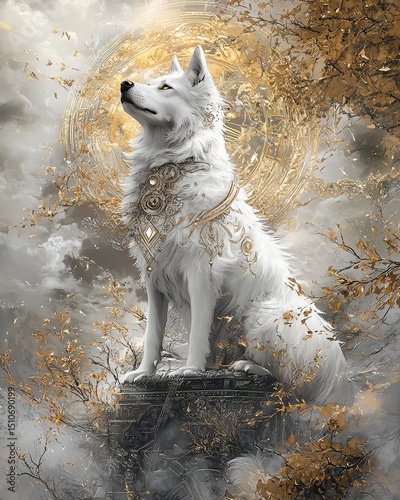 Abstract Canine Art, a mystical tarot card-style dog illustration with symbolic elements and vintage detailing, enchanting aesthetic