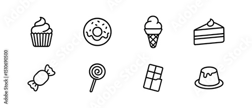 Dessert & sweet treats icon set - outline, cakes, candies, and ice cream symbols