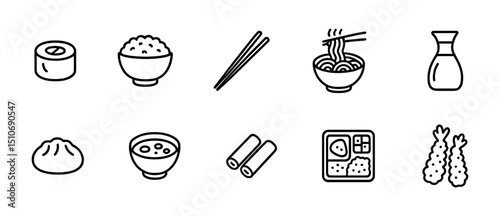 Japanese food icon set - outline, sushi, ramen, bento & more culinary symbols
