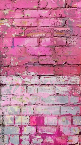 Weathered and heavily-painted pink brick wall exhibiting a rough texture, layers of paint, and signs of age and graffiti
