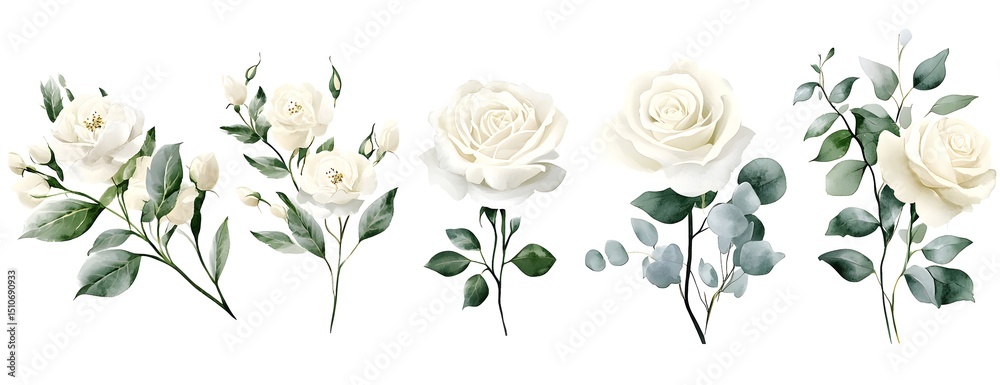 Fototapeta premium Watercolor white floral bouquet with roses, peonies, and eucalyptus leaves on an isolated background, a clipart illustration in a soft beige color palette, with no shadows,