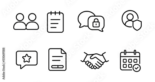 Business and security line icon set - flat, communication and protection symbols