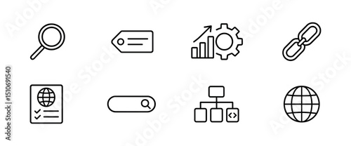 Seo marketing linear icon set - web, search, and digital analytics symbols