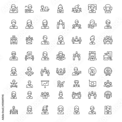 A collection of line art icons depicting various business people and office related activities and scenarios