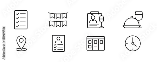 Event planning outline icon set - checklists, invitations, and dining symbols