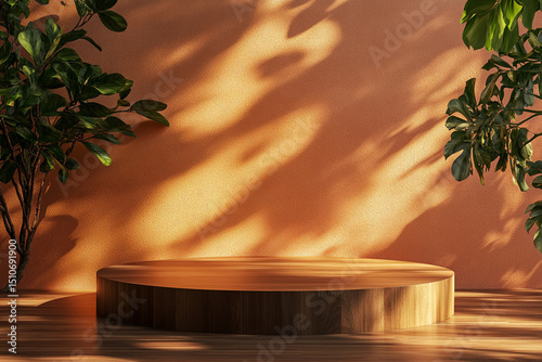 Wood podium in warm golden hour lighting