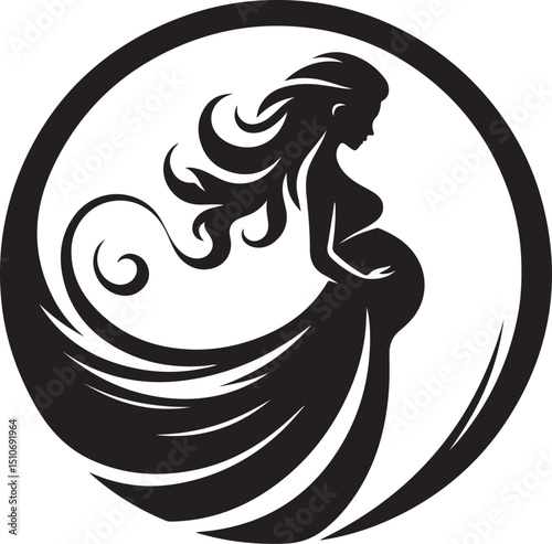 Stylized Silhouette of Pregnant Woman with Flowing Dress and Long Hair  Maternity Vector new 2025 trendy unique