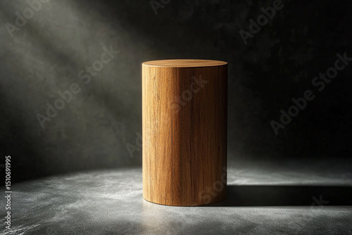 Wooden cylinder under soft spotlight in dark studio