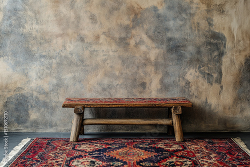 Wooden display on vintage rug background