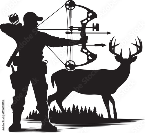 Bowhunter Drawing Arrow with Deer in Background Hunting Silhouette Vector new 2025 trendy unique